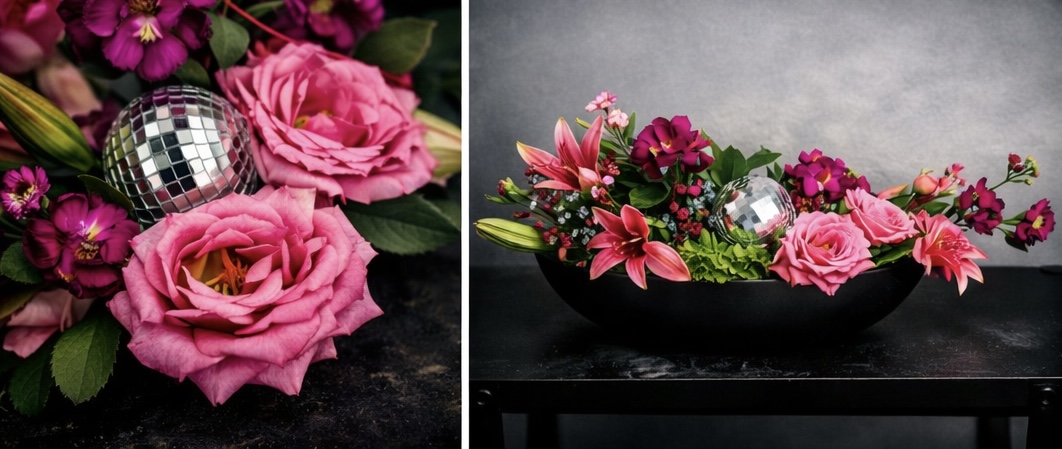 Pink roses and disco ball arrangement in black vessel