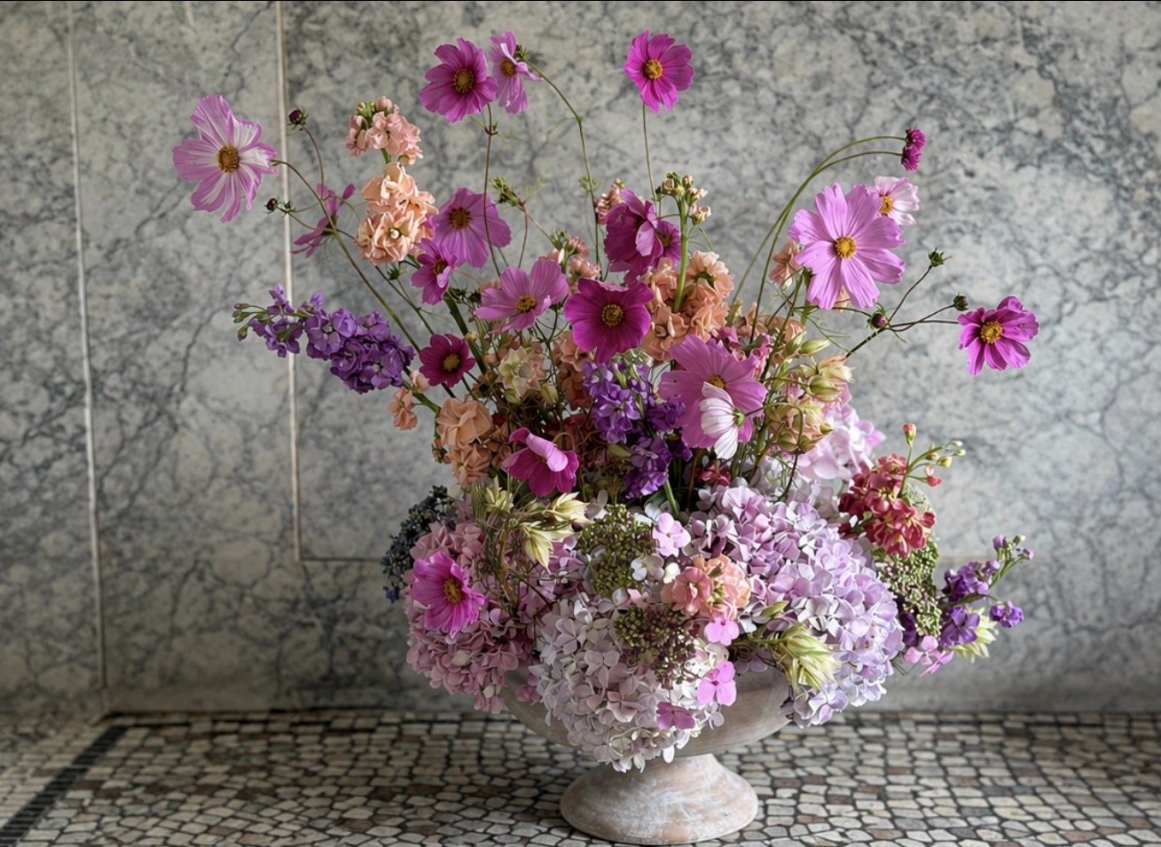 Hydrangea, cosmos, and stocks in a footed vessel against marble — 26 inches tall by 28 inches wide