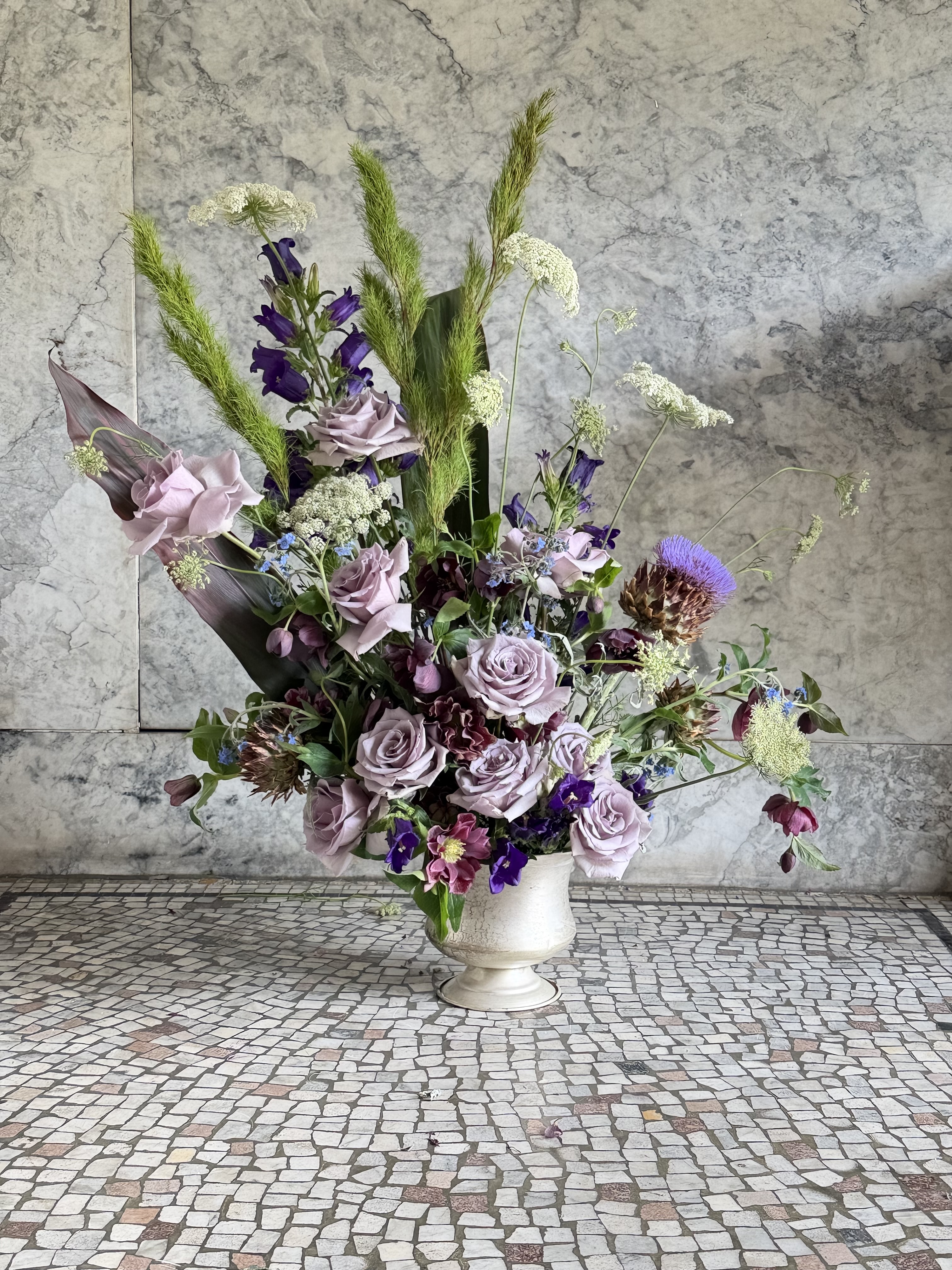 Amnesia roses, pink hydrangea, stock and cosmos — photographed at Grace Cathedral, Nob Hill