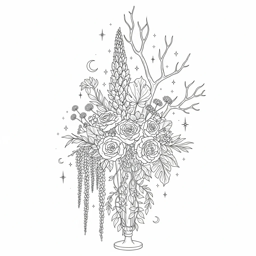 Line art illustration of The Coven floral arrangement by Lovely Coven