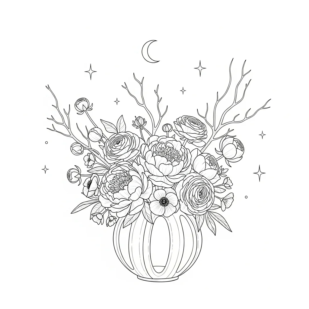 Line art illustration of Full Moon floral arrangement by Lovely Coven