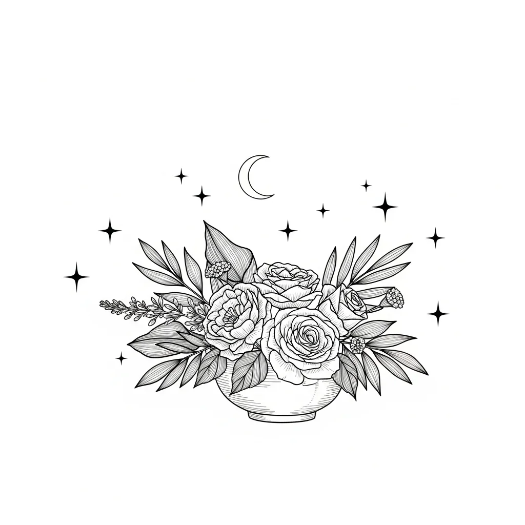 Line art illustration of The Vessel floral arrangement by Lovely Coven