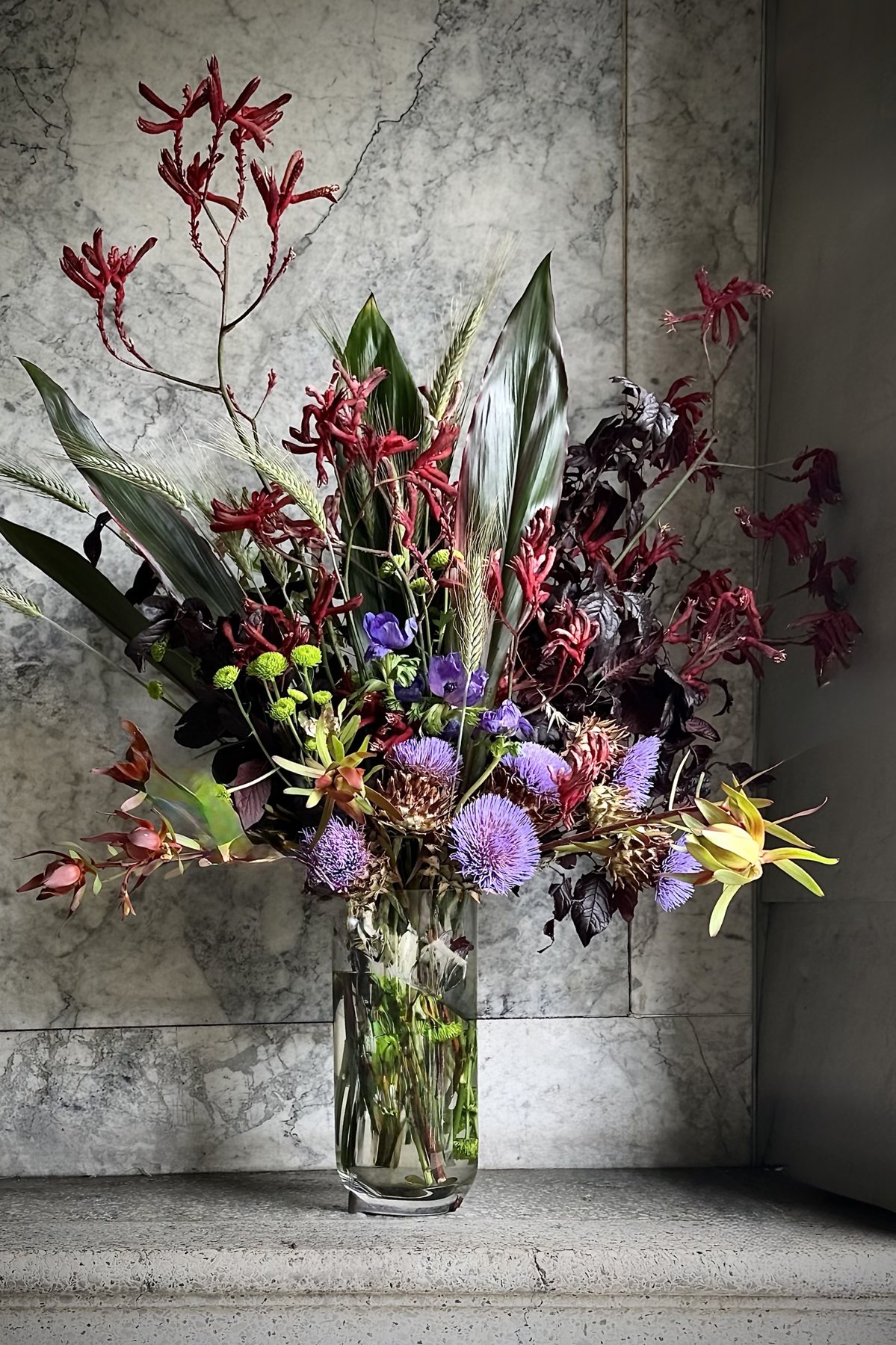 Tall kangaroo paw and artichoke flowers in a clear glass cylinder with visible stems beneath the waterline